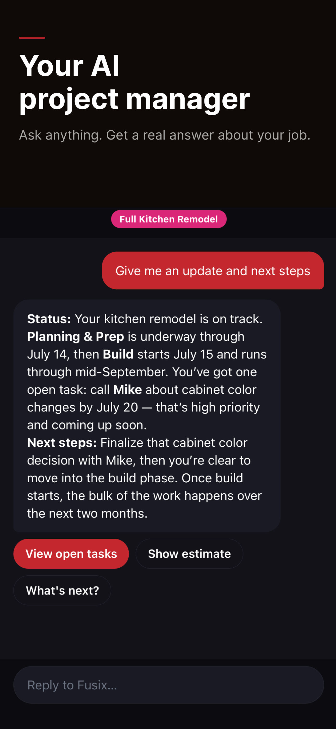 Fusix AI project manager screen